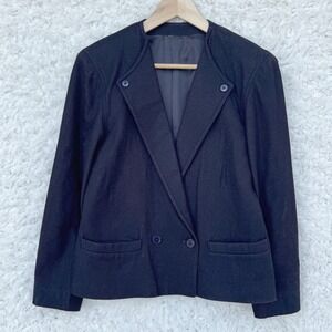 Double Breasted Collarless Blazer Jacket Italy Black VTG Wool Blend Minimalist M